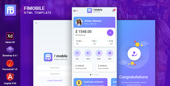 Fimobile Multipurpose HTML Template Bootstrap Framework 7 Angular Starter  Finance &amp; Banking Design App template