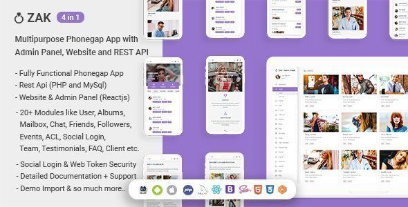 Zak - (4 in 1) Multipurpose Phonegap App with Admin Panel, Website and REST API React native  Mobile App template