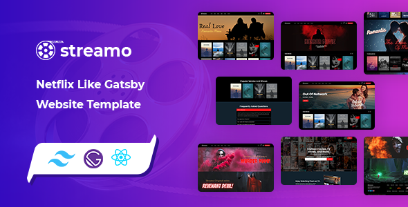 Streamo - Netflix Like Gatsby Website Template  Music &amp; Video streaming Mobile App template